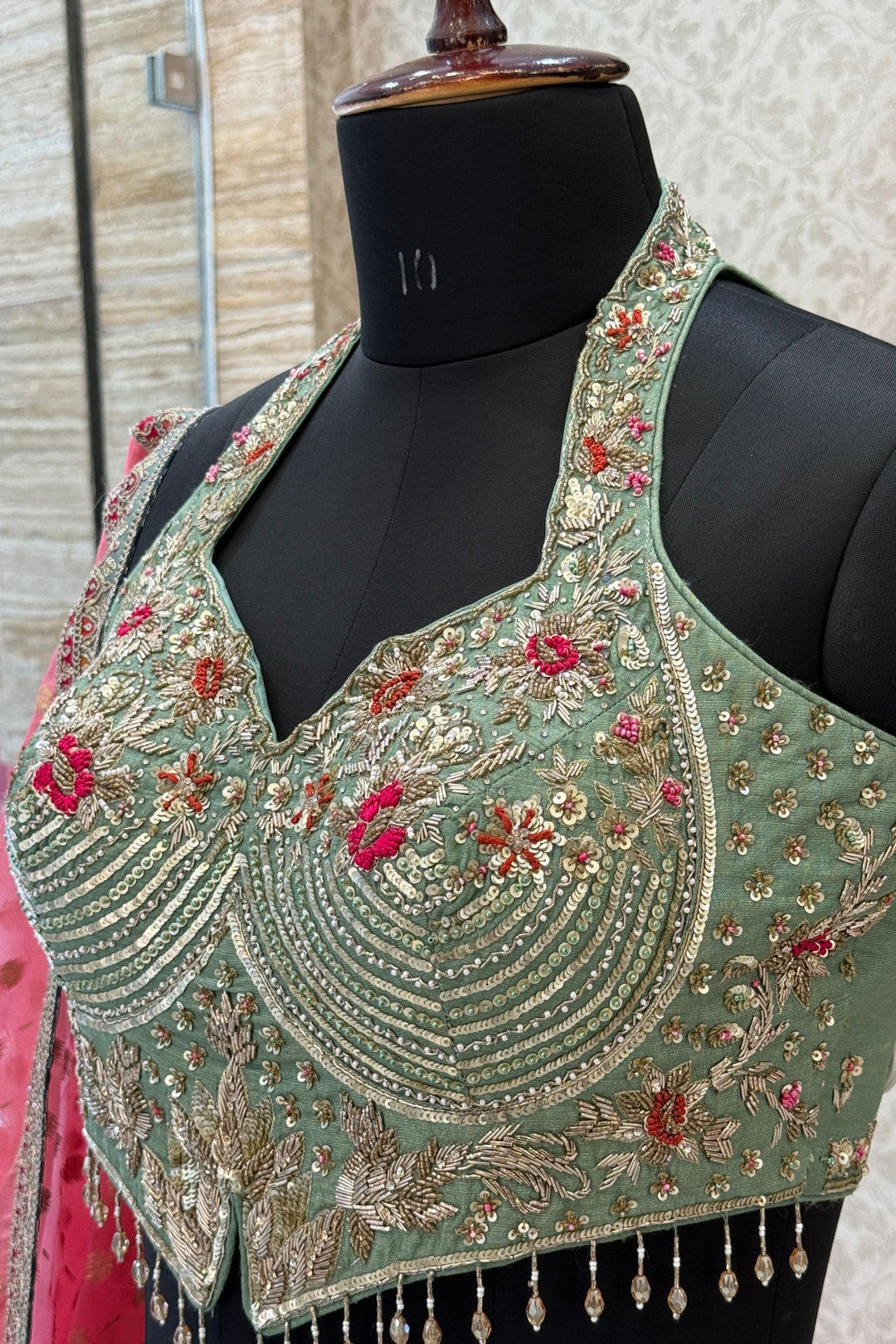 Sea Green Zardozi, Sequins, Beads, Thread and Zari work with Halter Neck Lehenga
