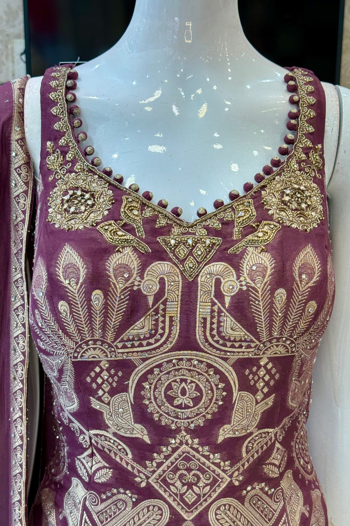 Light Wine Banaras, Stone, Zardozi and Beads work Palazzo Salwar Suit