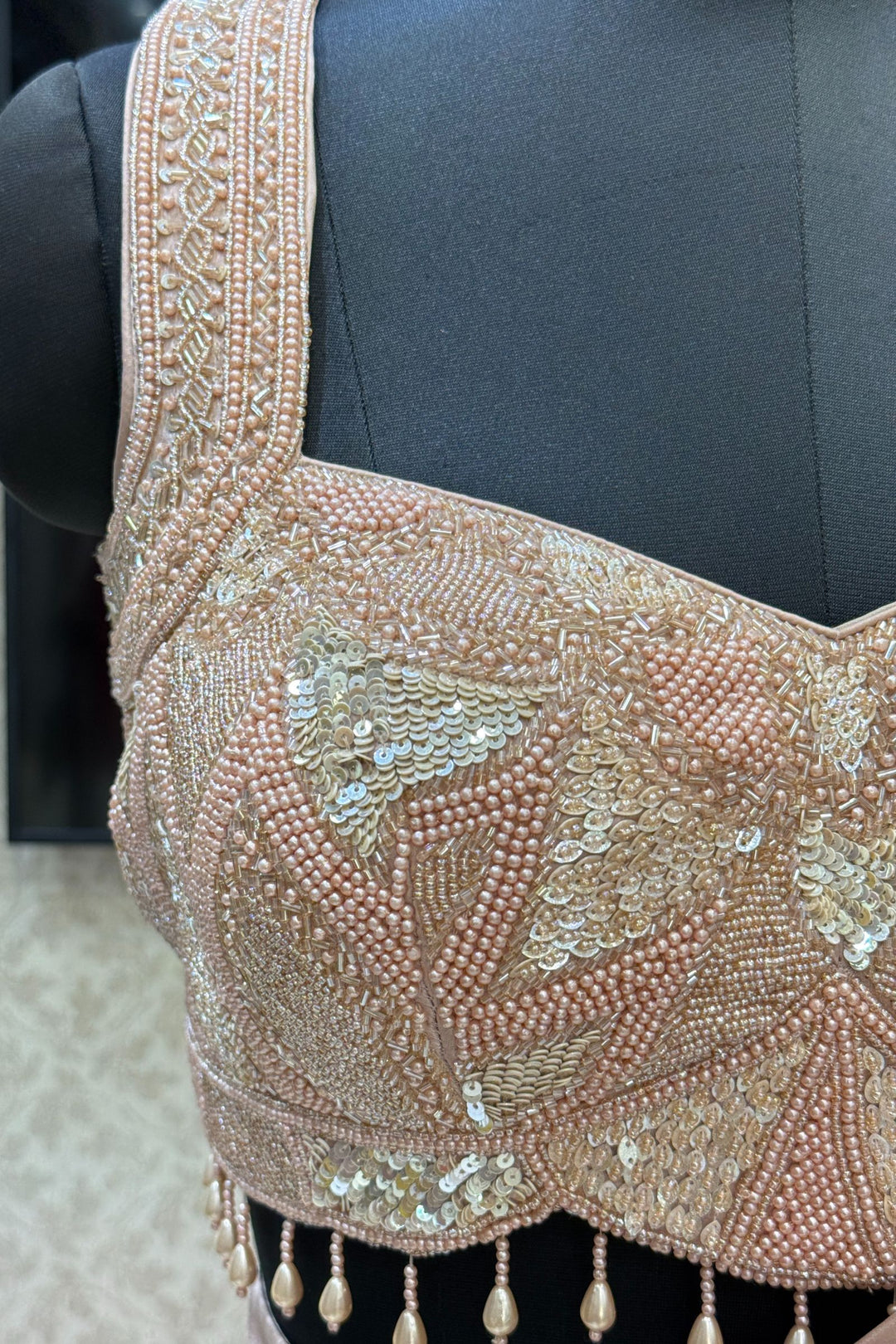 Beige Readymade Saree with Beads, Sequins and Pearl work Readymade Blouse