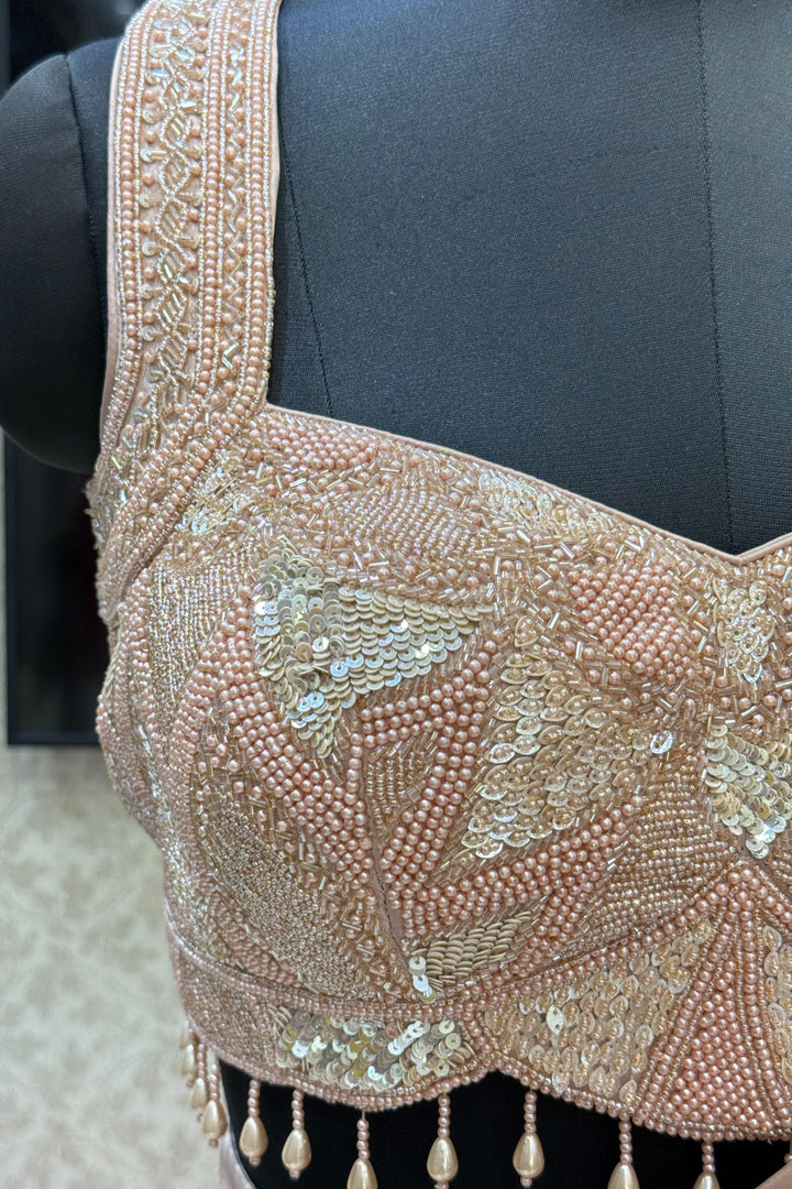 Beige Readymade Saree with Beads, Sequins and Pearl work Readymade Blouse