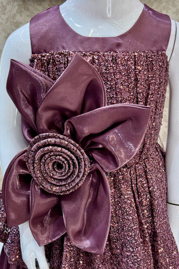 Wine Sequins and Thread work Long Party Frock for Girls