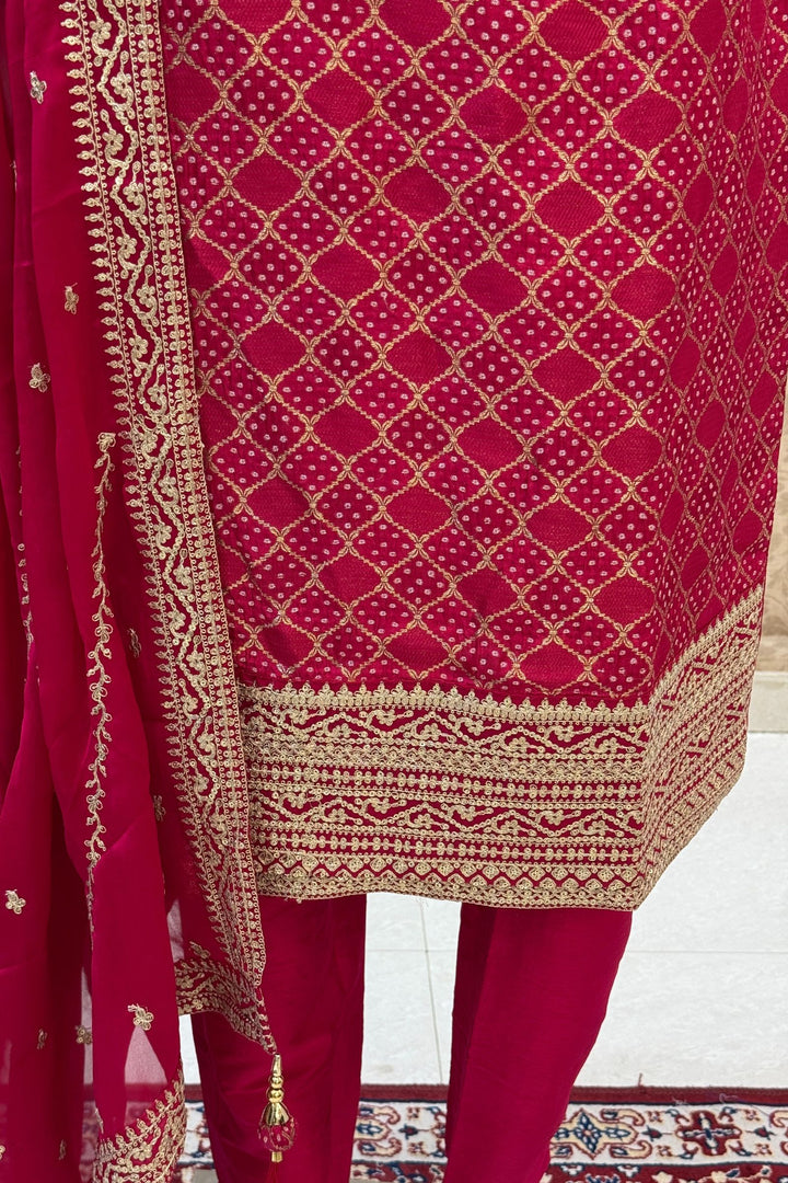 Rani Pink Banaras, Sequins and Zari work with Bandini Print Straight Cut Salwar Suit
