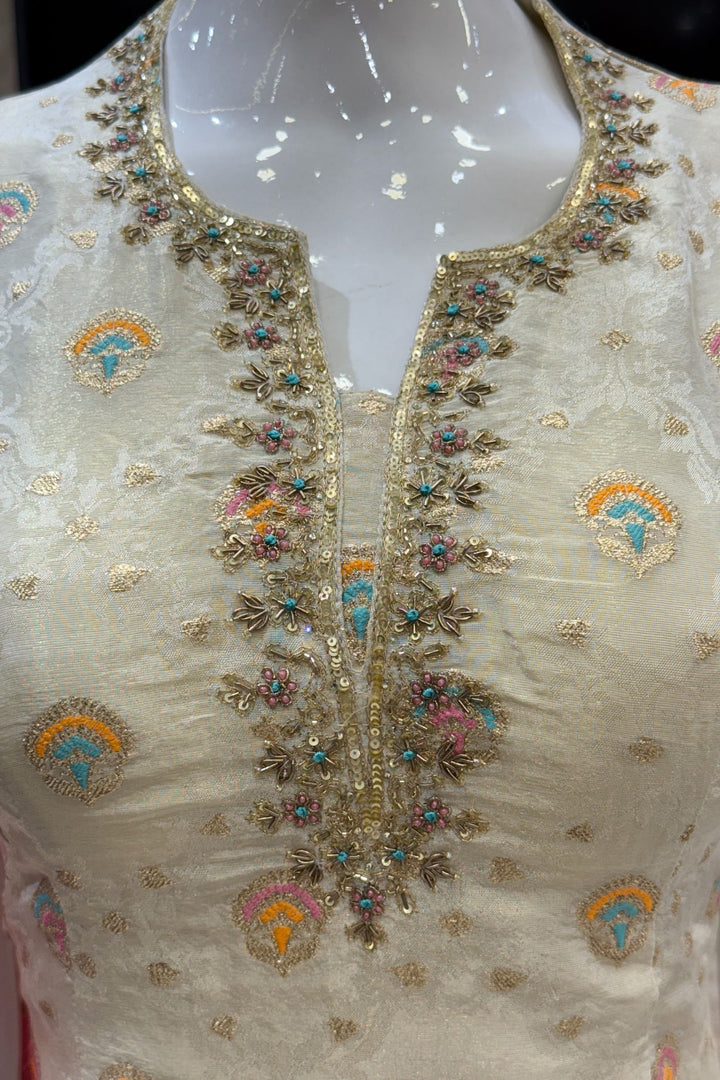 Beige Multicolor Embroidery, Zari, Zardozi and Sequins work Palazzo Salwar Suit
