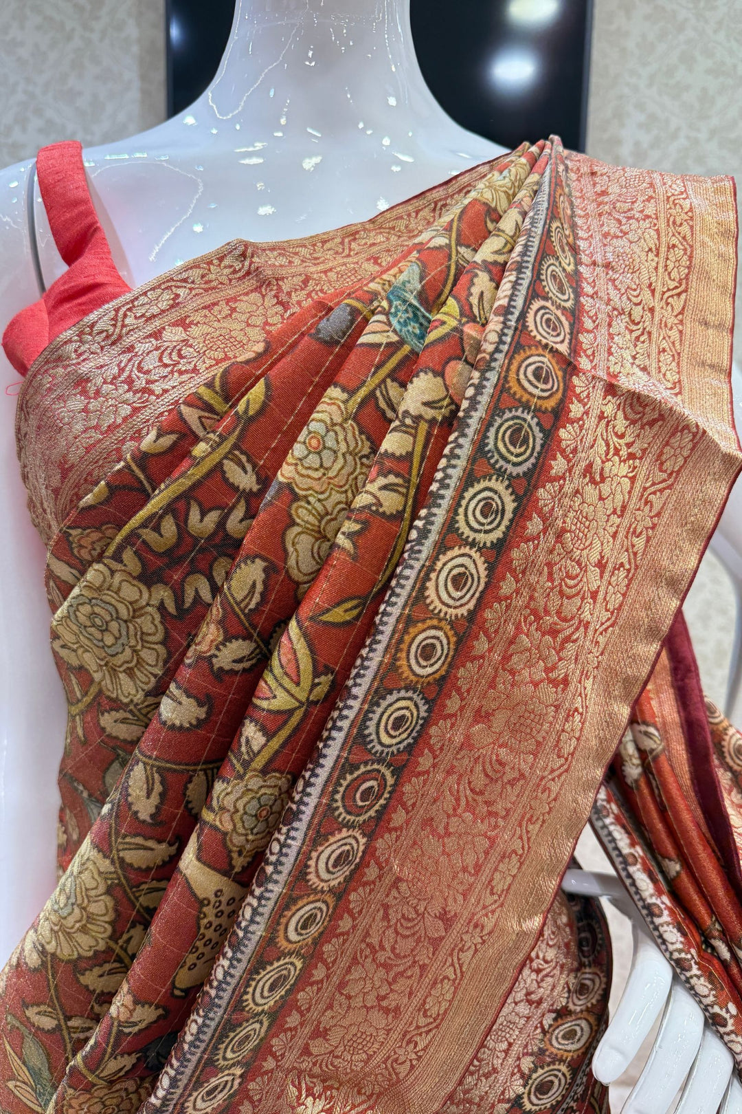 Rust Orange Saree with Traditional Kalamkari Prints and Banaras Zari Border