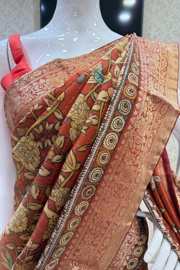 Rust Orange Saree with Traditional Kalamkari Prints and Banaras Zari Border