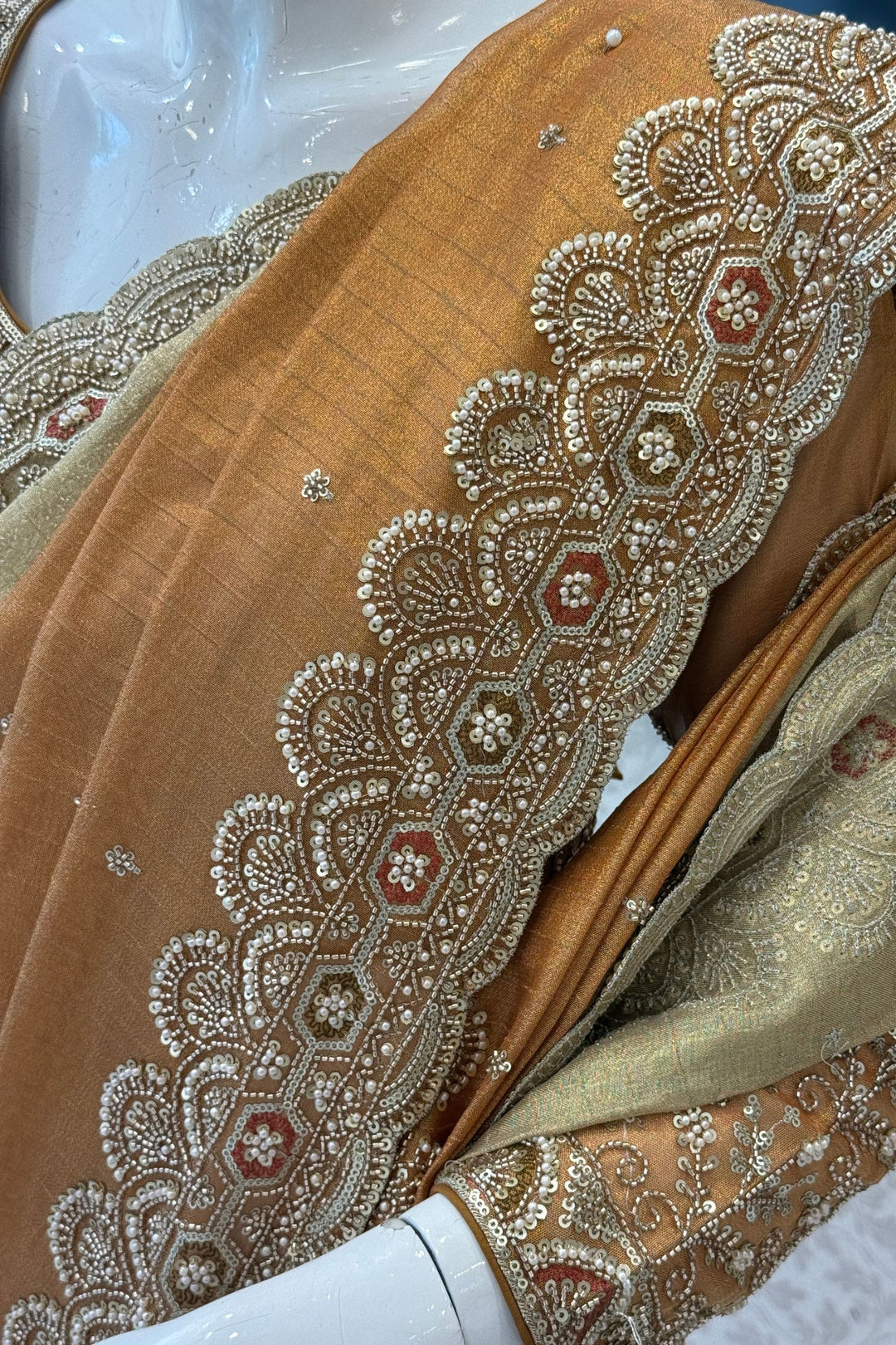 Copper Gold Beads, Sequins and Pearl work Saree