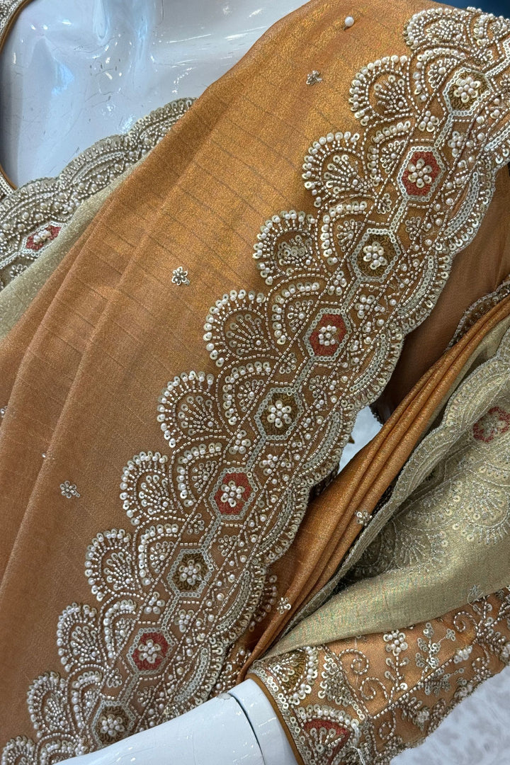Copper Gold Beads, Sequins and Pearl work Saree