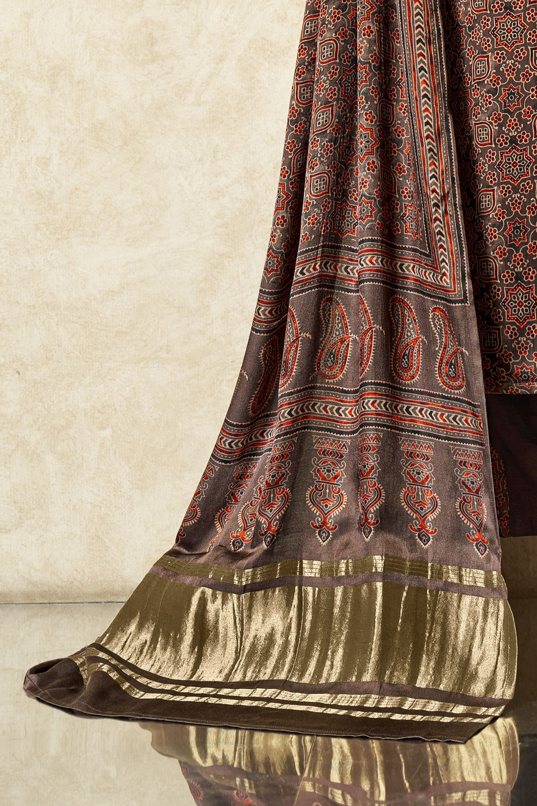 Brown Zardozi, Mirror, Stone and Beads work with Ajrakh Print Straight Cut Salwar Suit