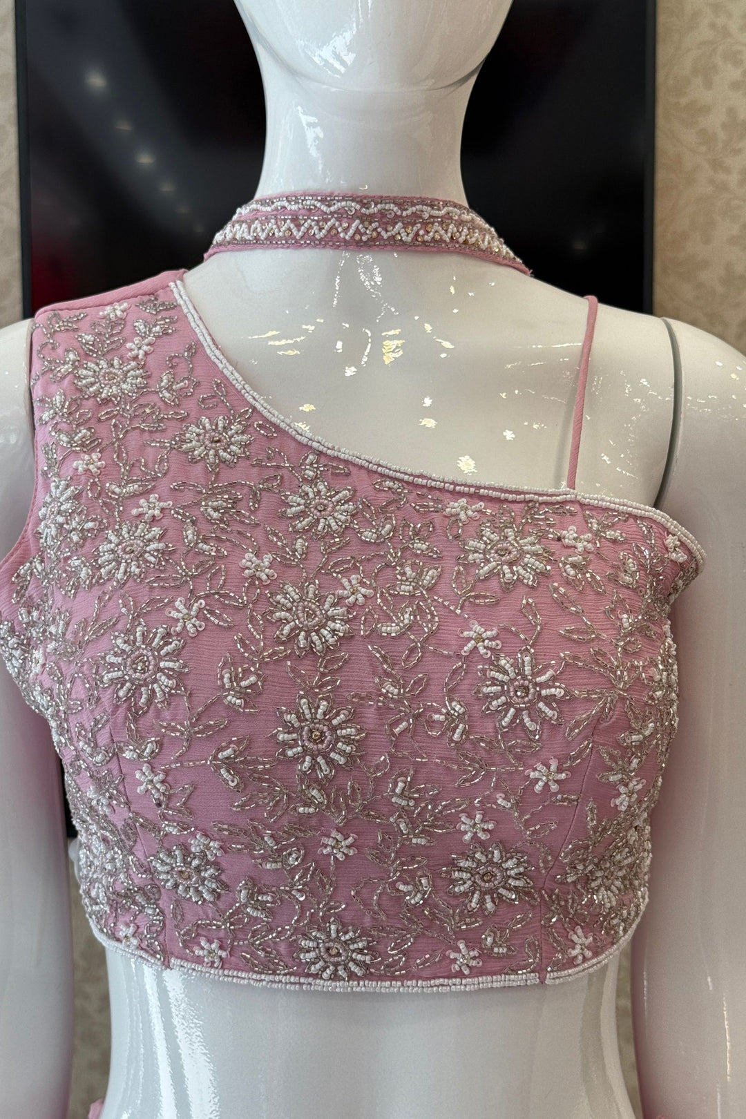 Baby Pink Beads and Stone work Indo-Western Palazzo Set with One-Shoulder Top