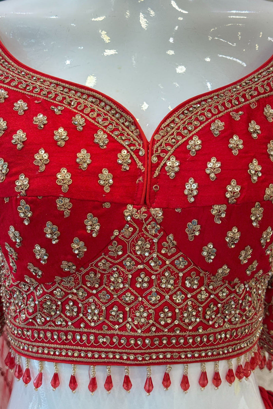 Red Zari, Stone and Embroidery work Crop Top Designer Bridal Multicolor Lehenga