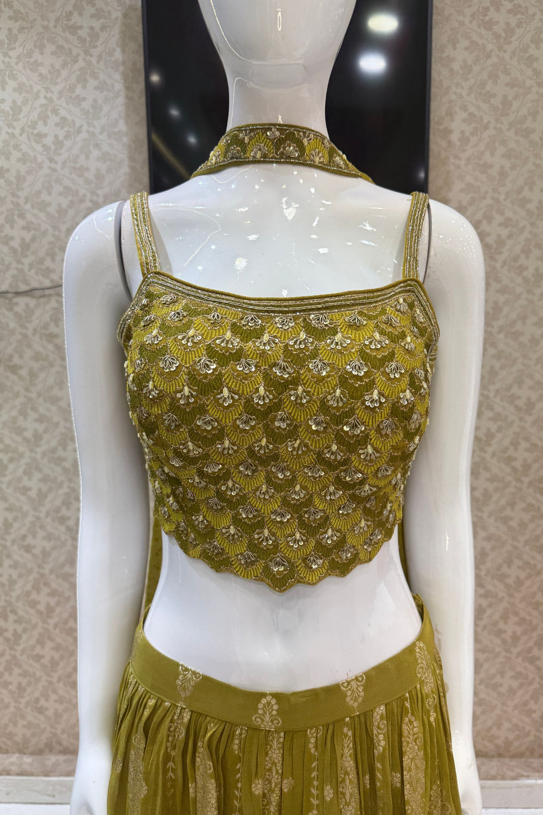 Olive Green Zardozi, Sequins, Banaras and Embroidery work Crop Top with Palazzo Pant