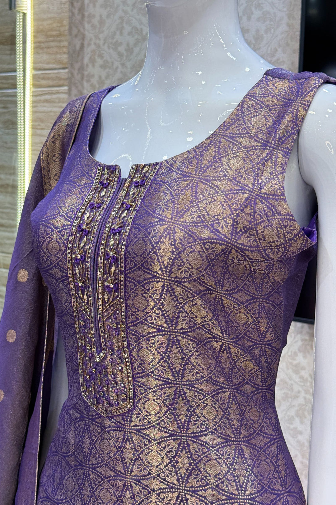 Purple Zardozi, Stone, Beads, Sequins and Brocade work Straight Cut Salwar Suit