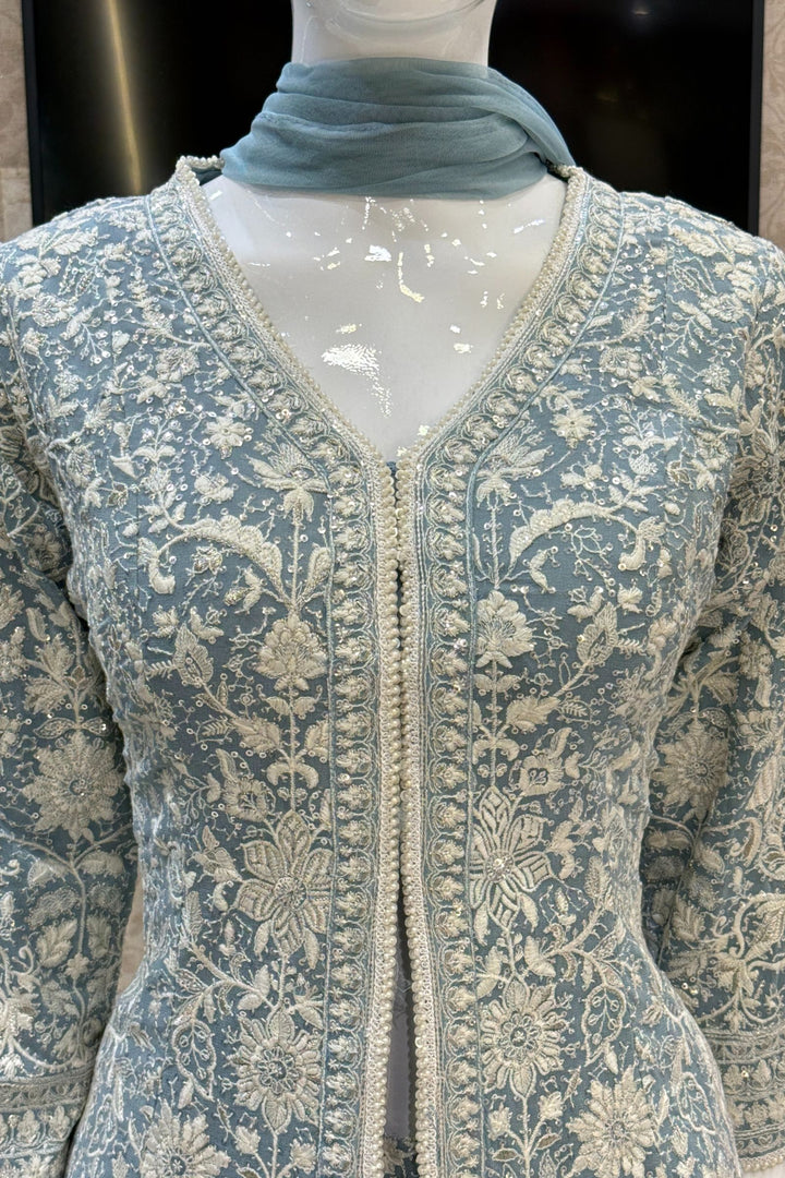 Firozi Blue Chikankari, Sequins and Zari work Palazzo Suit Set