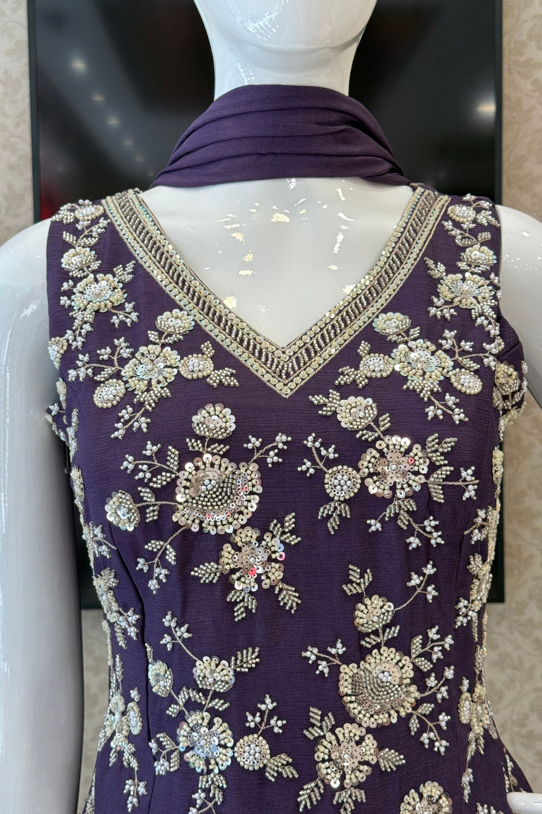 Purple Beads, Zari and Sequins work Palazzo Salwar Suit
