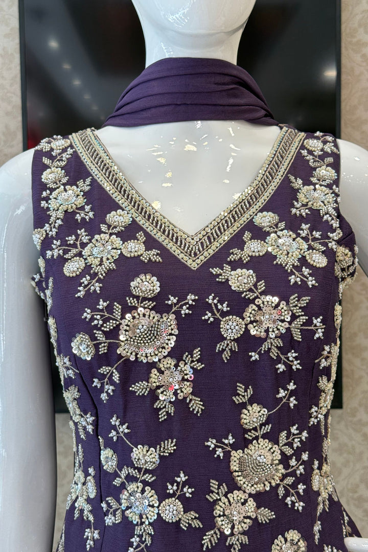 Purple Beads, Zari and Sequins work Palazzo Salwar Suit