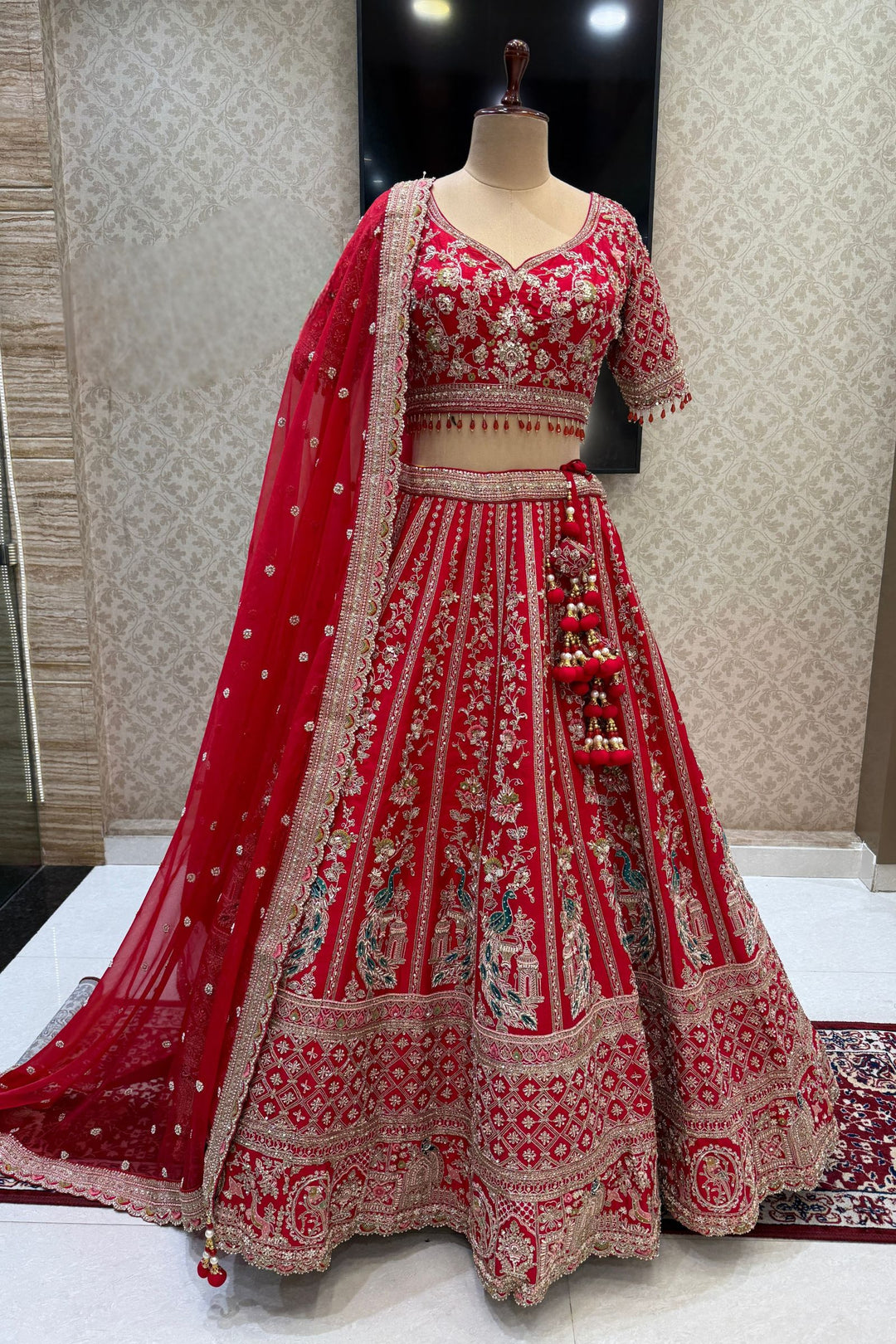 Red Handcrafted Bridal Lehenga with Intricate Zardozi, Sequins, Pearl and Zari Detailing