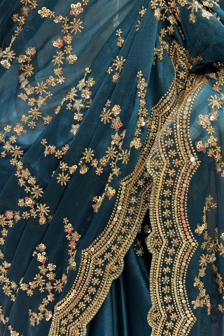 Teal Blue Beads, Zari and Sequins work Saree