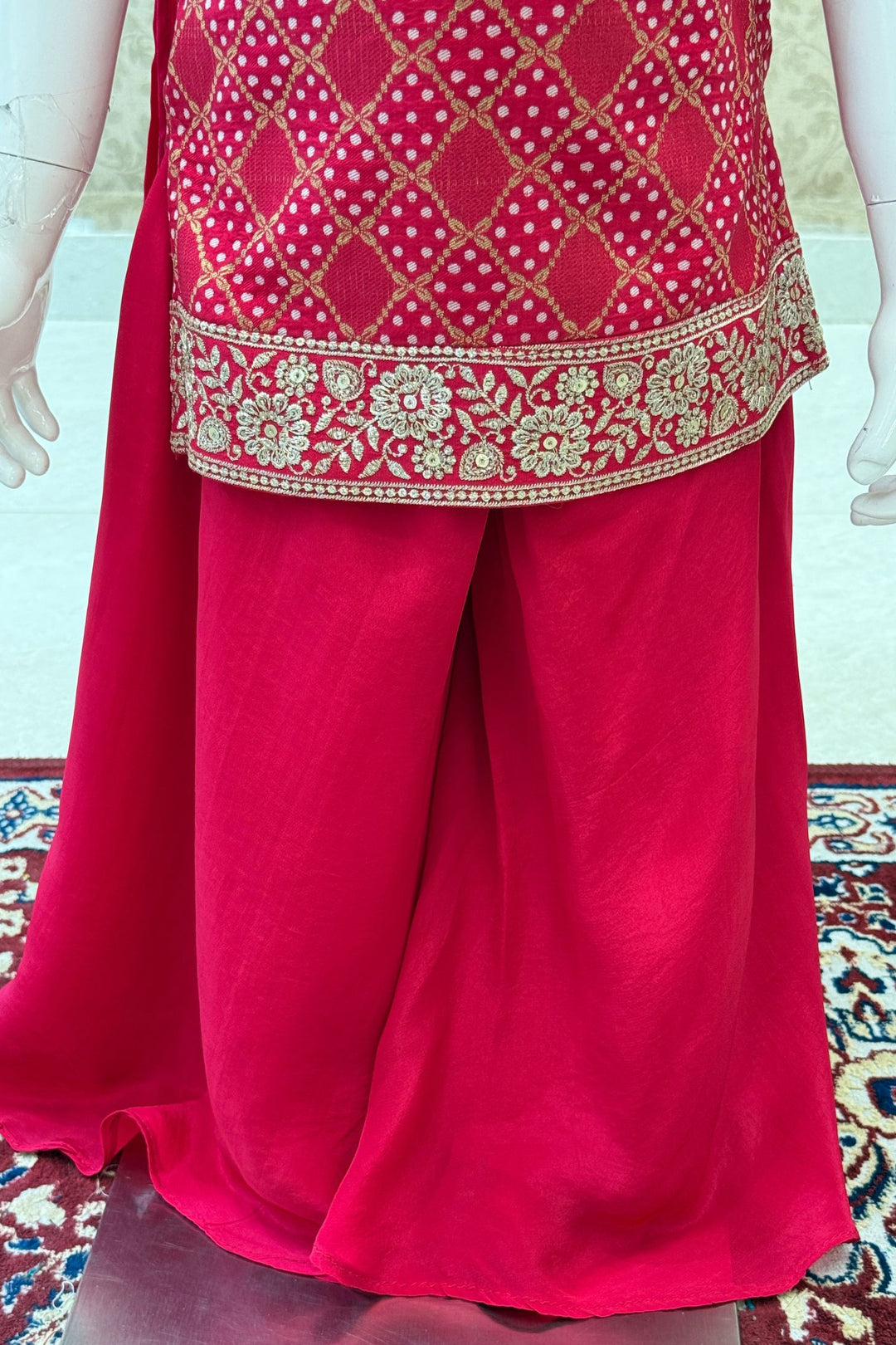 Rani Pink Banaras, Zari and Sequins work Palazzo Suit Set for Girls