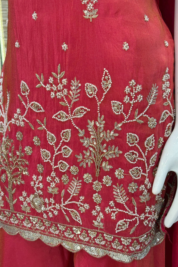 Tomato Red Beads, Sequins, Zari and Mirror work Palazzo Salwar Suit