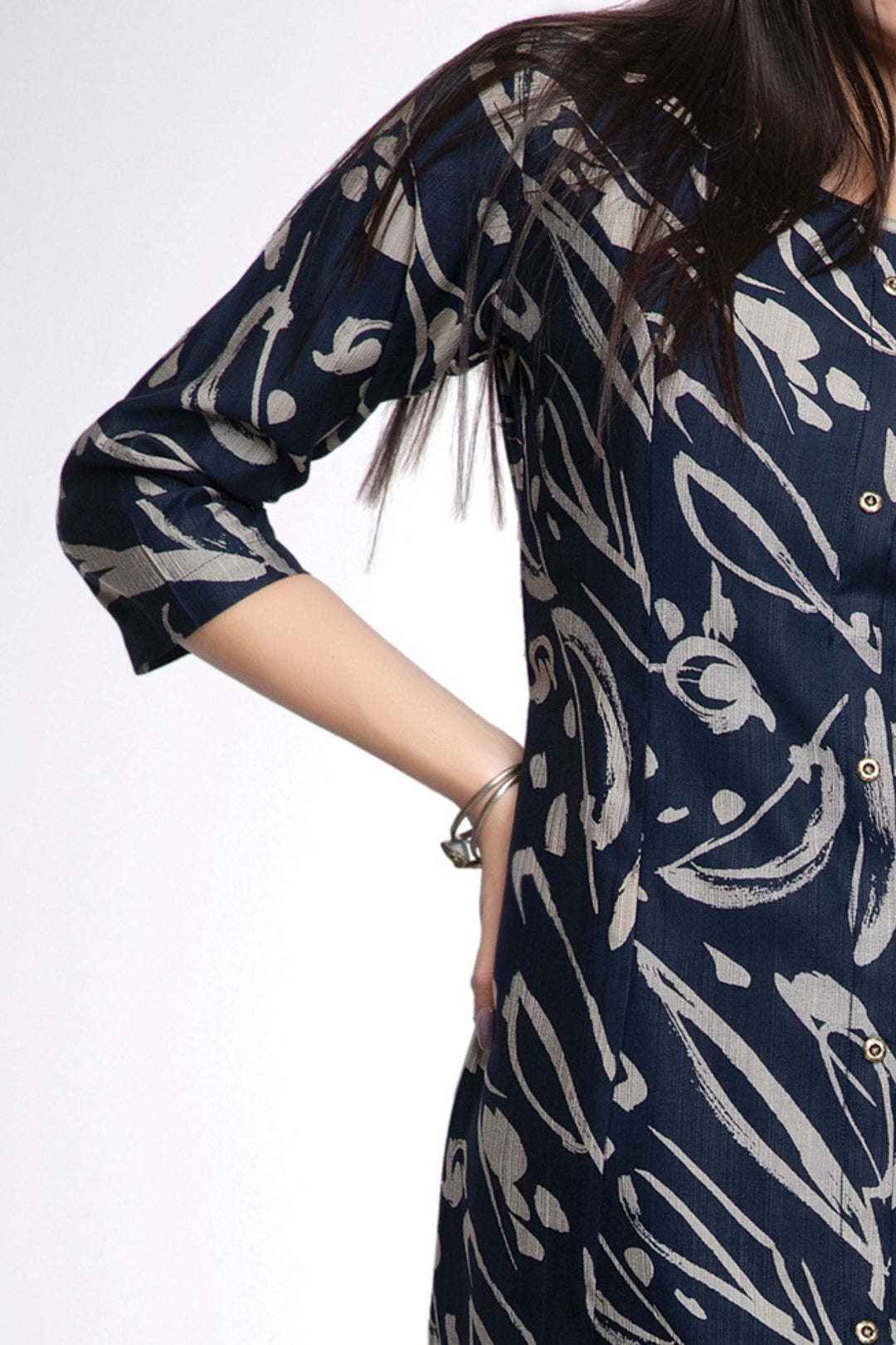Navy Blue Abstract Print A-line Cut Calf Length Kurti