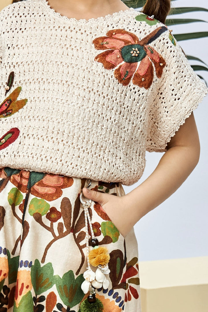 Beige Multicolor Digital Print Top and Palazzo Set for Girls