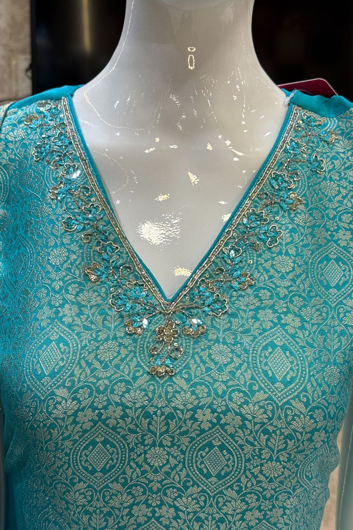 Firozi Blue Jacquard, Beads, Zardozi, Mirror and Sequins work Straight Cut Salwar Suit