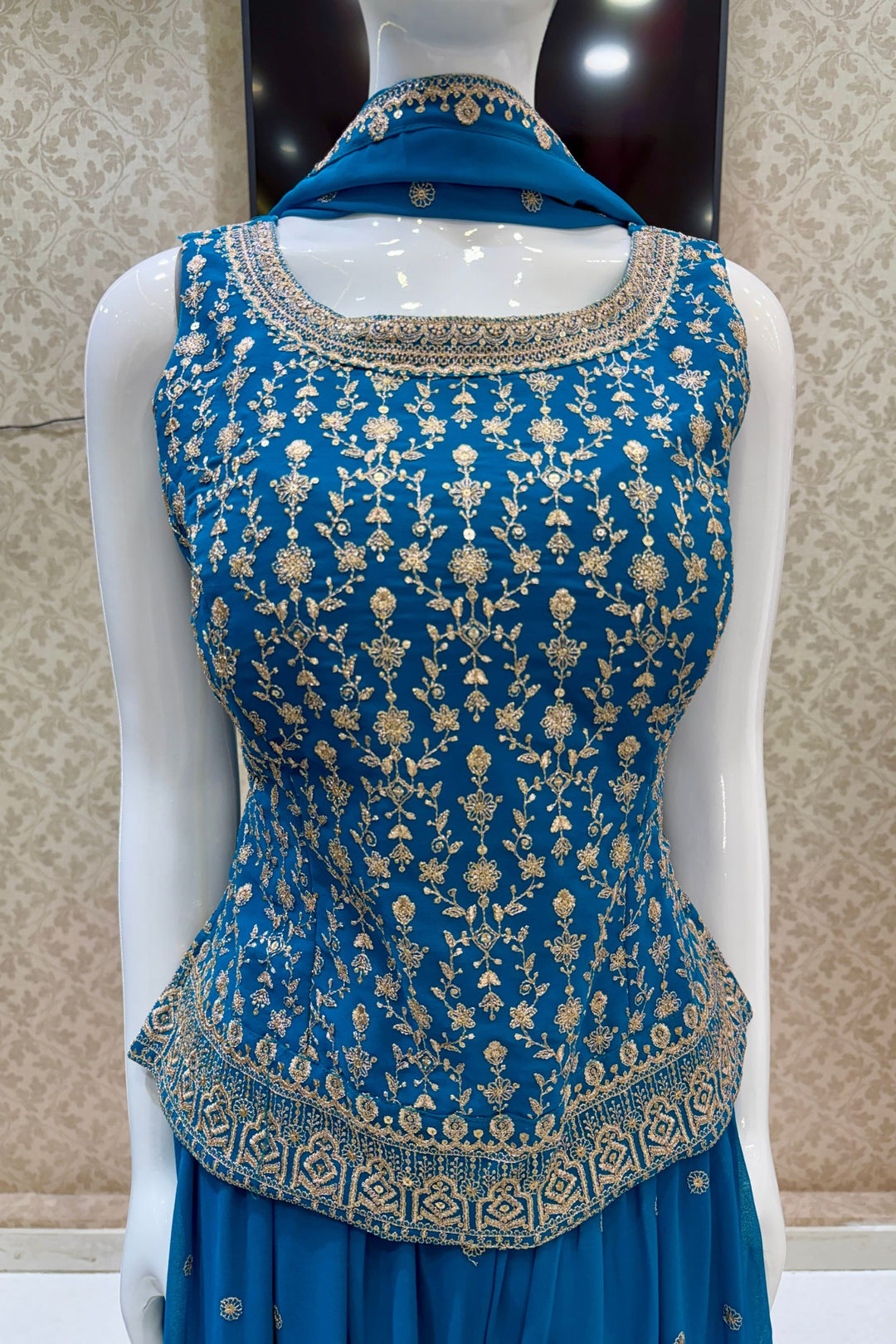 Rama Blue Silver Zari and Sequins work Palazzo Salwar Suit