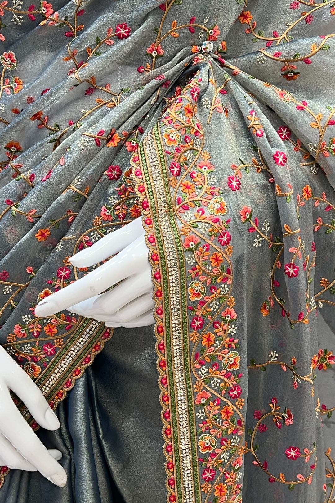 Grey Multicolor Embroidery, Sequins and Stone work Saree