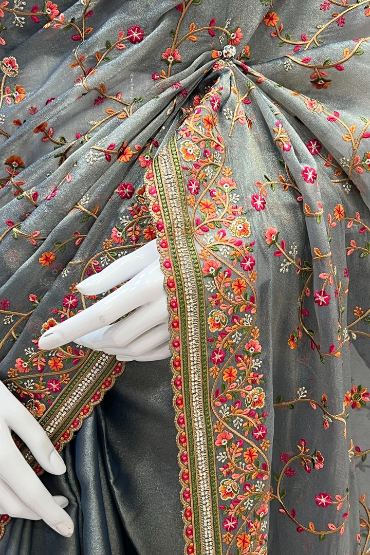 Grey Multicolor Embroidery, Sequins and Stone work Saree