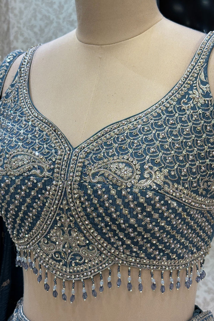 Grey Beads, Stone, Zari and Sequins work Crop Top Lehenga