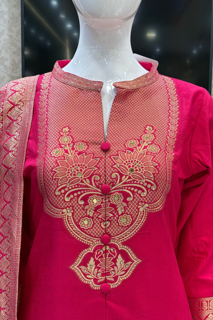 Rani Pink Straight Cut Salwar Suit with Stone, Mirror and Banaras work