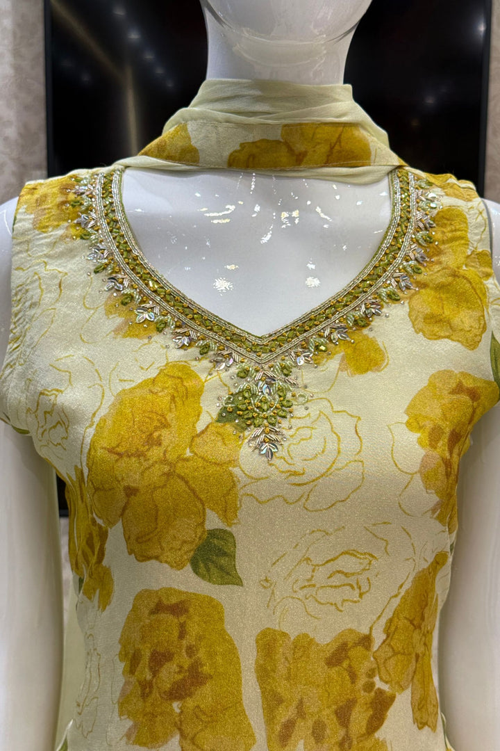 Beige with Yellow Floral Print with Zardozi and Mirror work Straight Cut Salwar Suit