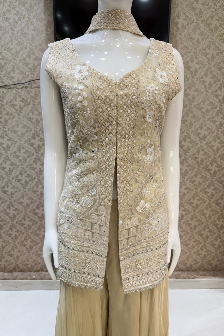 Cream Stone, Zari, Thread, Sequins and Beads work Salwar with Palazzo Pant