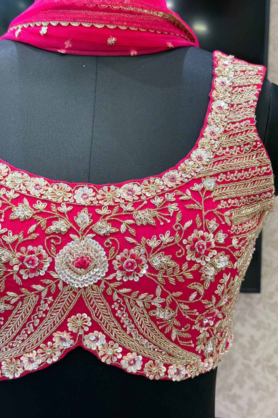 Rani Pink Sequins, Beads, Mirror, Zardozi and Zari work Crop Top Lehenga