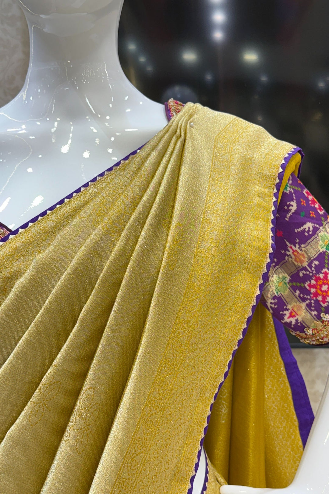 Mustard Saree with Purple Beads, Zari and Sequins work with Pochampally Print Blouse