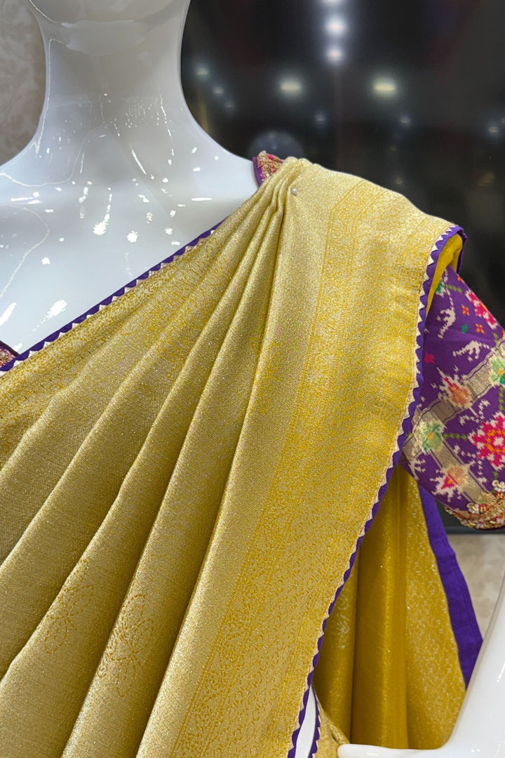 Mustard Saree with Purple Beads, Zari and Sequins work with Pochampally Print Blouse
