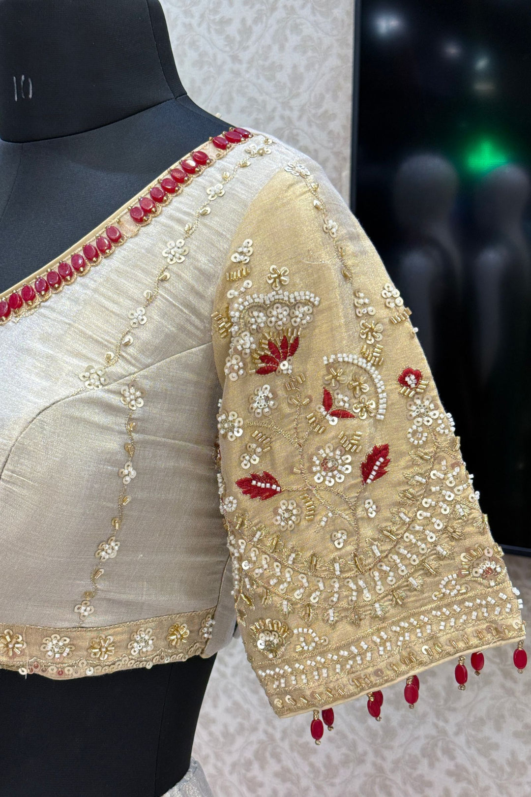 Beige and Gold Embellished Lehenga Set with Contrast Maroon Dupatta