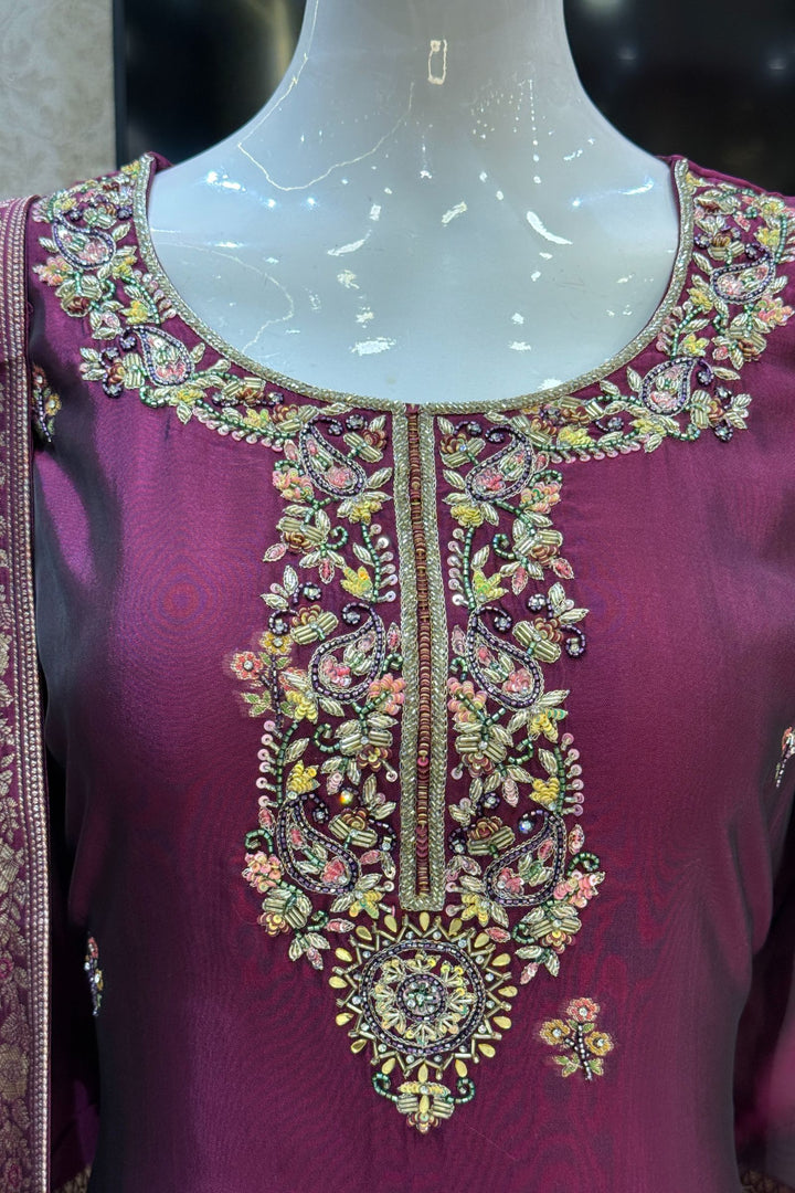 Wine Beads, Sequins, Zari, Stone, Banaras and Jacquard work Straight Cut Salwar Suit