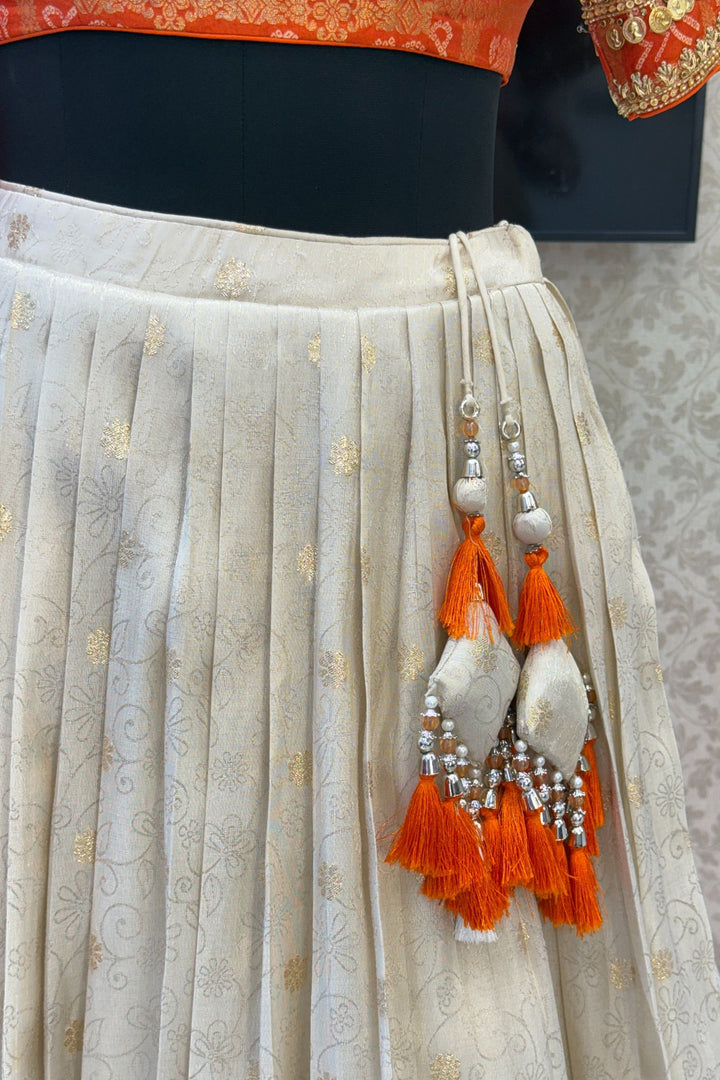 Orange with Cream Banaras, Zardozi, Sequins, Beads and Zari work Crop Top Lehenga
