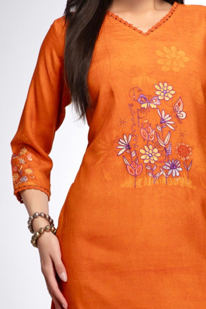 Orange Zari and Thread work with Floral Print Calf Length Kurti