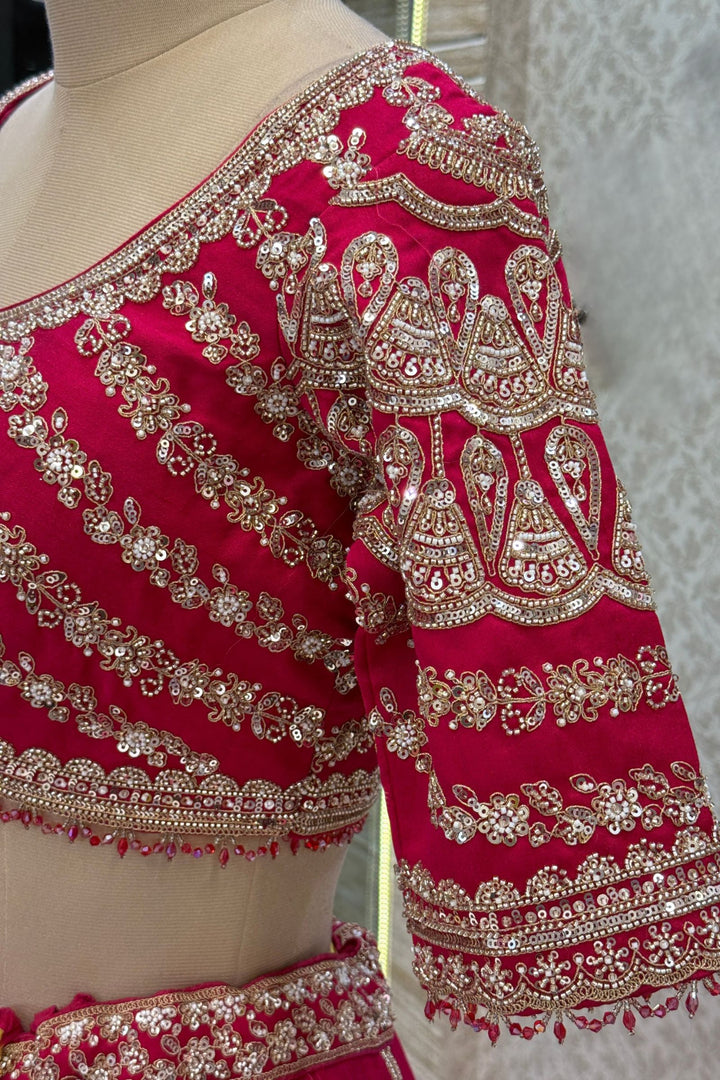 Rani Pink Zari, Sequins, Beads and Zardozi work Crop Top Designer Bridal Lehenga with Belt