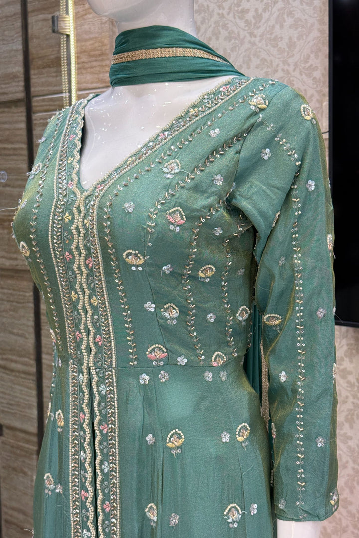 Sea Green Beads, Sequins and Thread work Long Top with Straight Pant