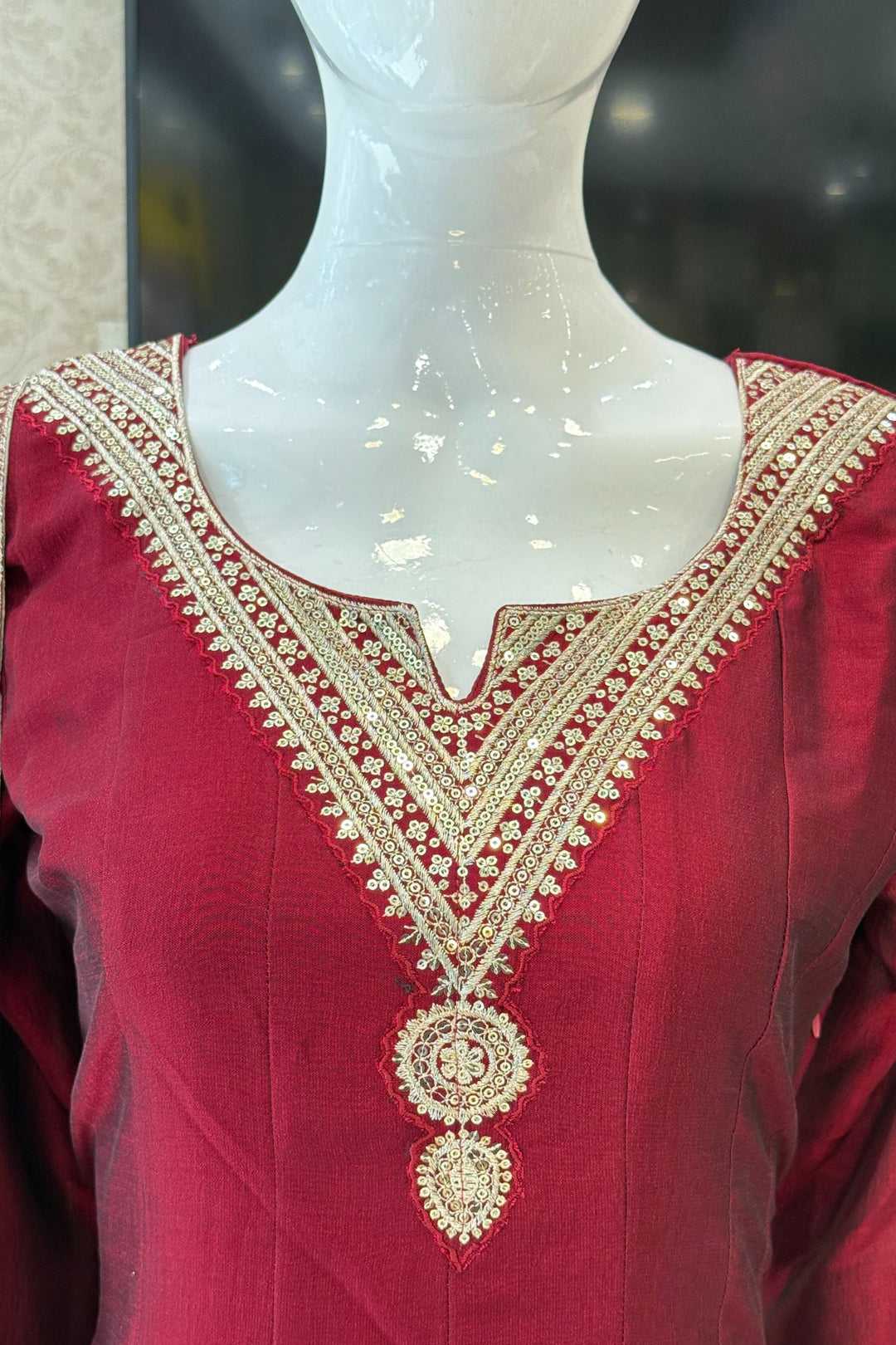 Maroon Sequins and Zari work A-line Cut Salwar Suit