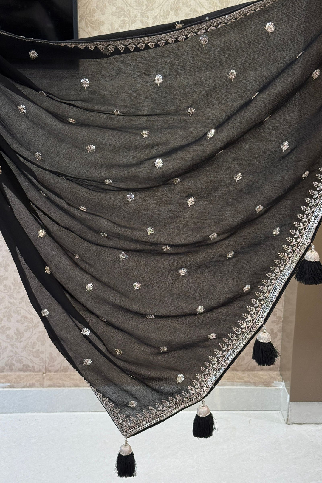 Black Pink Zari and Sequins work Saree