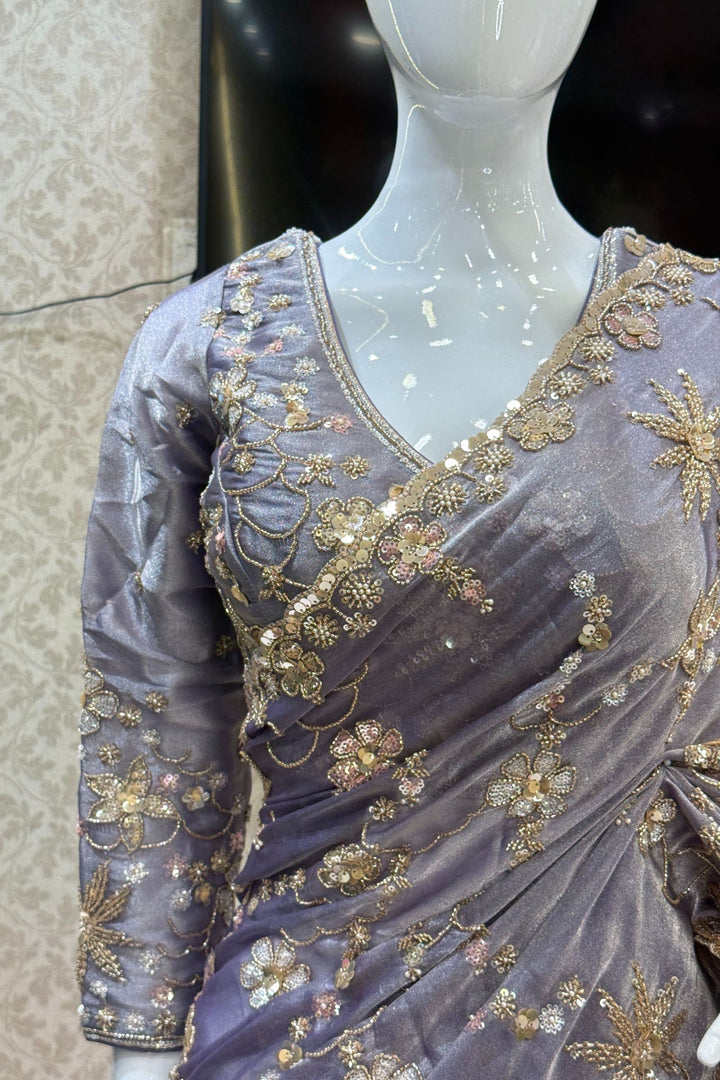 Light Purple Sequins, Beads, Zari and Pearls work Saree