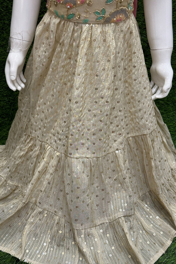 Cream Sequins, Multicolor Embroidery, Beads and Thread work Lehenga Choli for Girls