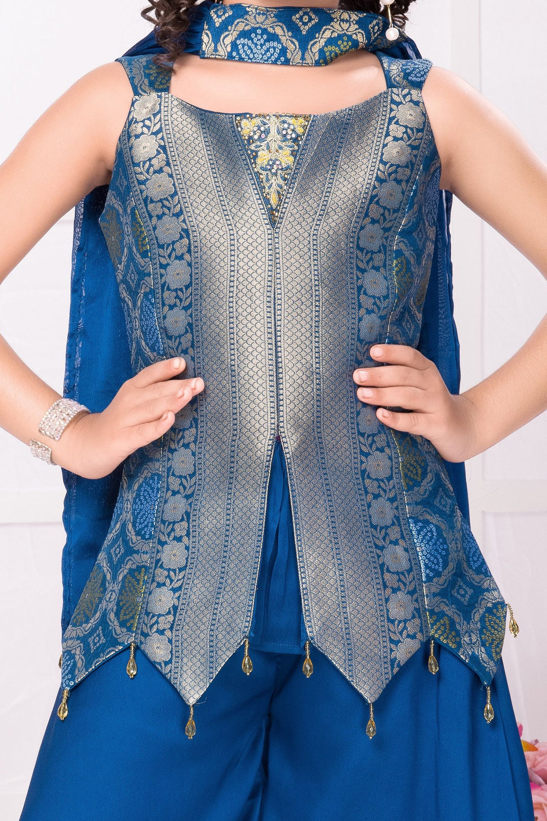 Peacock Blue Zari and Stone work Palazzo Suit Set for Girls