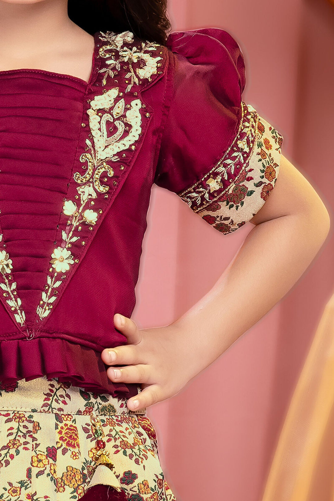 Maroon with Sandal Zardozi, Stone, Zari, Mirror and Beads work Lehenga Choli for Girls