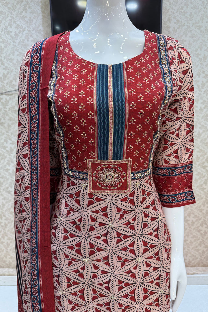 Maroon with Beige Sequins and Beads work with Ajrakh Print Straight Cut Salwar Suit