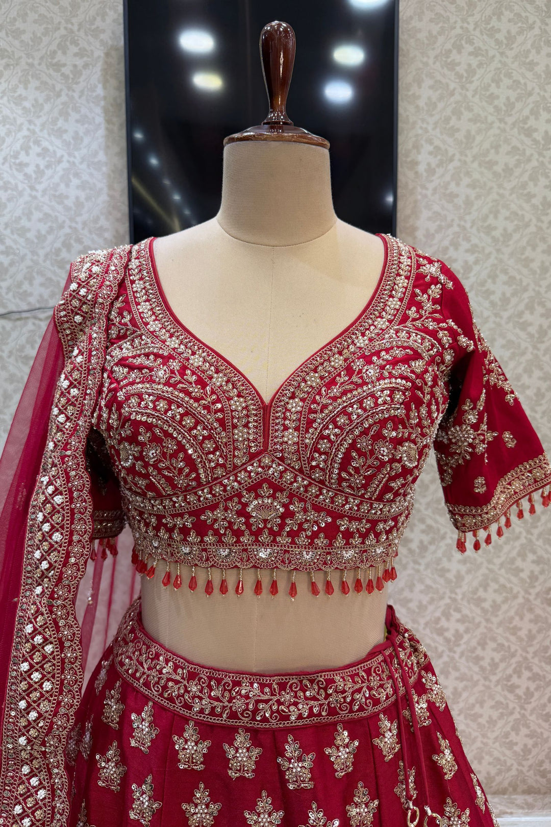Maroon Beads, Zari, Zardozi and Sequins work Crop Top Designer Bridal Lehenga with Belt